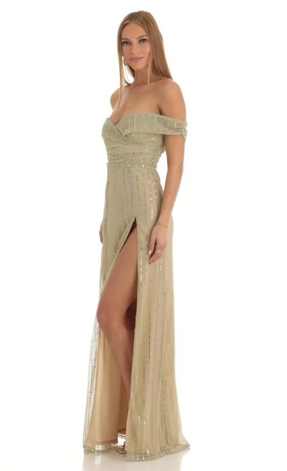 Sequin Striped Off The Shoulder Maxi Dress Gold Women LUCY IN THE SKY Maxi Dresses Sequin Striped Off The Shoulder Maxi Dress Gold Women LUCY IN THE SKY Maxi Dresses