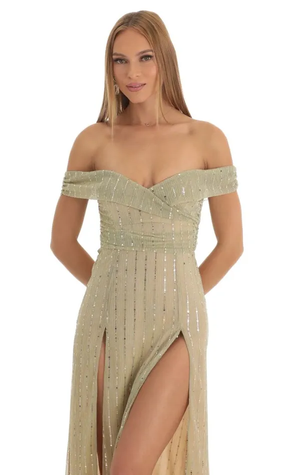 Sequin Striped Off The Shoulder Maxi Dress Gold Women LUCY IN THE SKY Maxi Dresses Sequin Striped Off The Shoulder Maxi Dress Gold Women LUCY IN THE SKY Maxi Dresses
