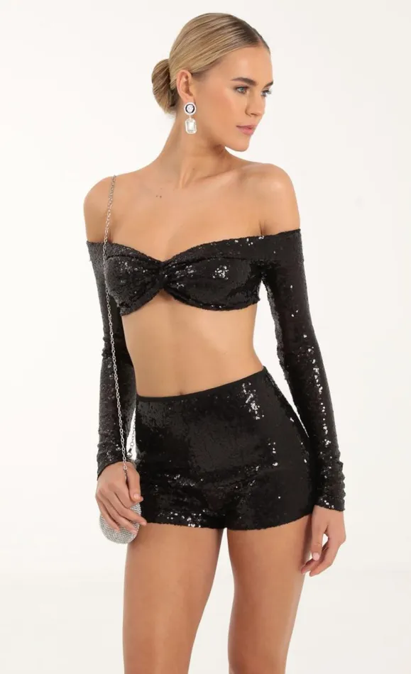 Sequin Two Piece Set Black Women LUCY IN THE SKY Shorts Sequin Two Piece Set Black Women LUCY IN THE SKY Shorts