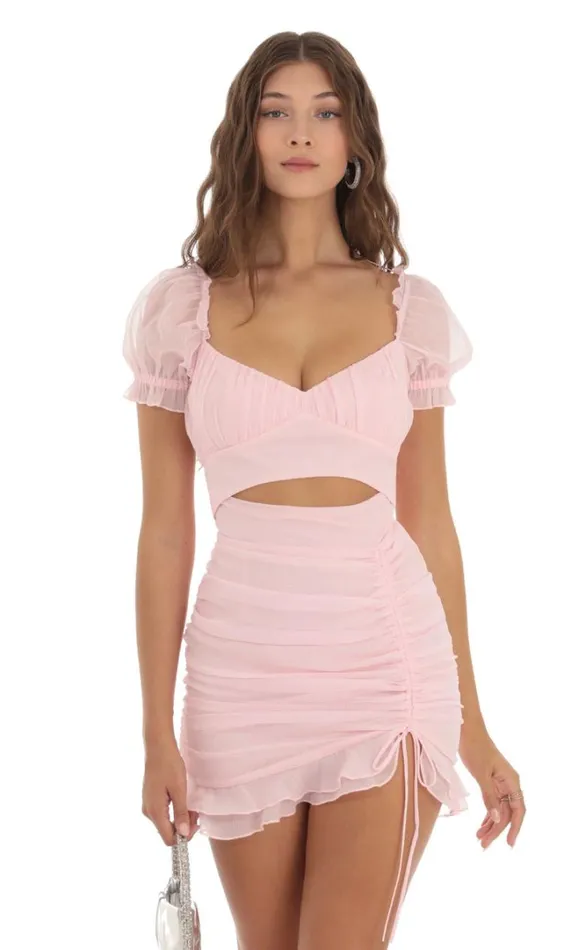 Shimmer Chiffon Puff Sleeve Cutout Dress Pink Women LUCY IN THE SKY Mini Dresses Shimmer Chiffon Puff Sleeve Cutout Dress Pink Women LUCY IN THE SKY Mini Dresses