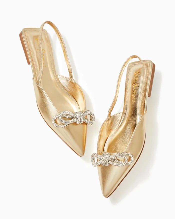 Shoes Women Lilly Pulitzer Brit Leather Slingback Heels Gold Metallic