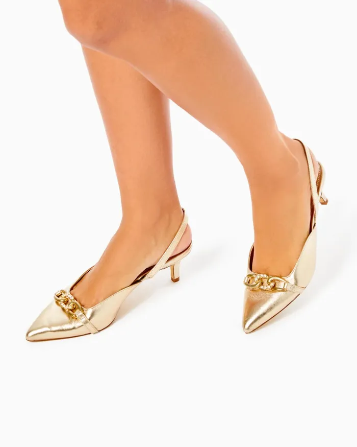 Shoes Women Lilly Pulitzer Jules Slingback Kitten Heels Gold Metallic