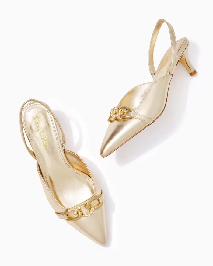 Shoes Women Lilly Pulitzer Jules Slingback Kitten Heels Gold Metallic