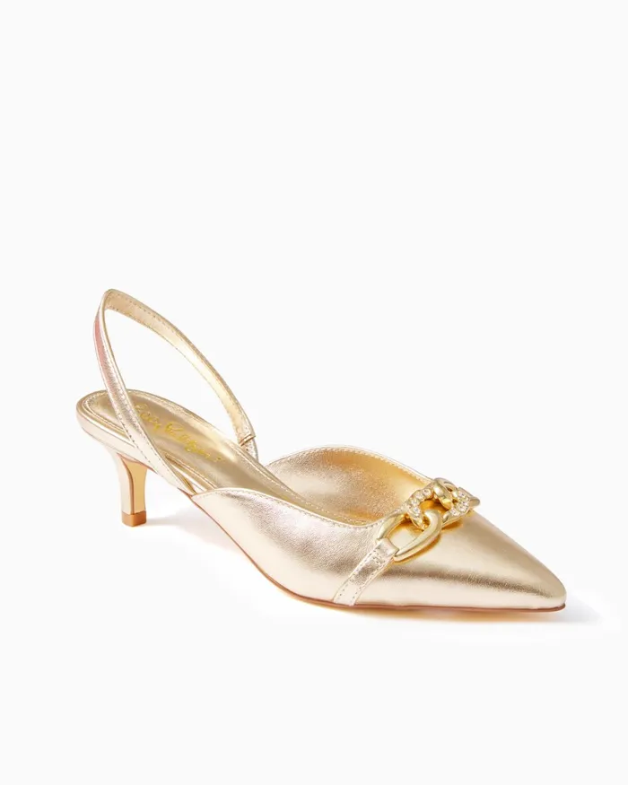 Shoes Women Lilly Pulitzer Jules Slingback Kitten Heels Gold Metallic