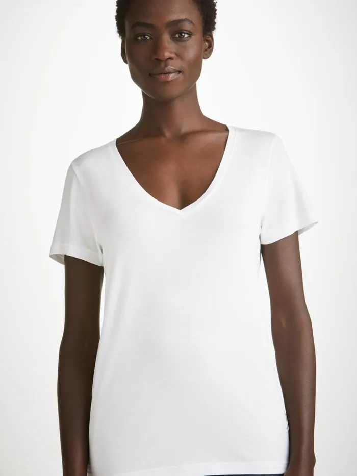 Short Sleeve TShirts Women Derek Rose VNeck TShirt Lara Micro Modal Stretch White