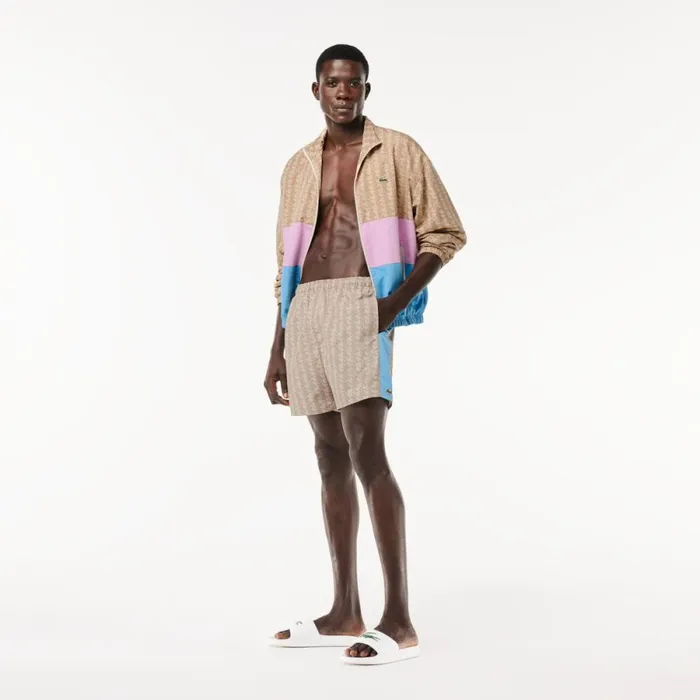 Shorts and Swim Men Lacoste Men039s Monogram Print Swim Trunks Beige Blue Irf