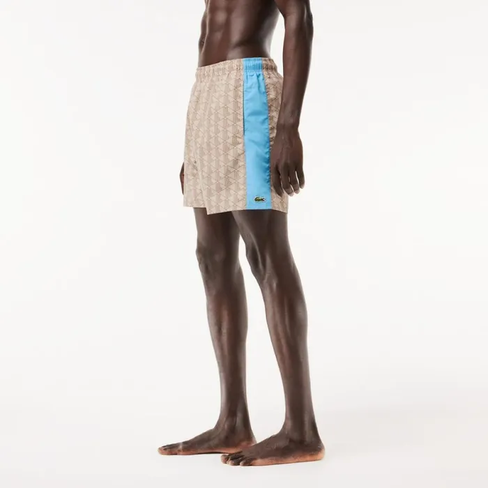 Shorts and Swim Men Lacoste Men039s Monogram Print Swim Trunks Beige Blue Irf