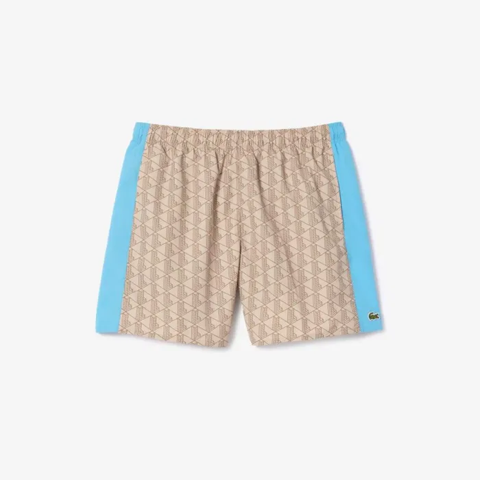Shorts and Swim Men Lacoste Men039s Monogram Print Swim Trunks Beige Blue Irf