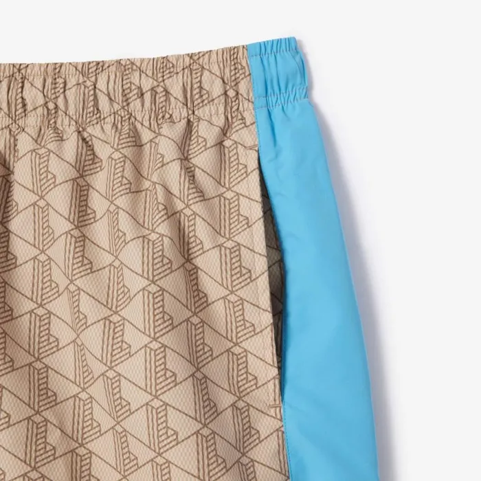 Shorts and Swim Men Lacoste Men039s Monogram Print Swim Trunks Beige Blue Irf