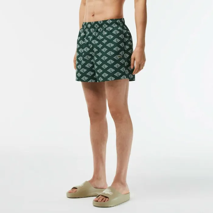 Shorts and Swim Men Lacoste Mens TwoTone Monogram Swim Trunks Green White Yrr