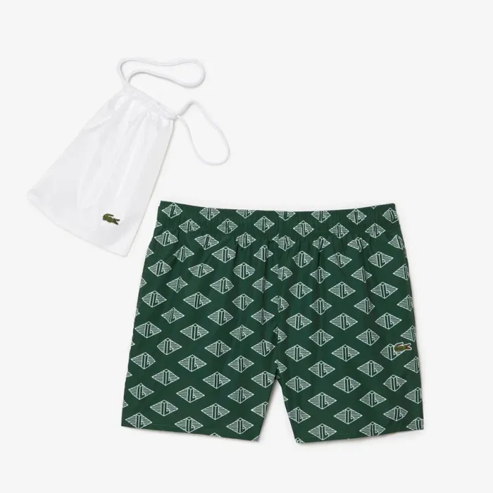 Shorts and Swim Men Lacoste Mens TwoTone Monogram Swim Trunks Green White Yrr