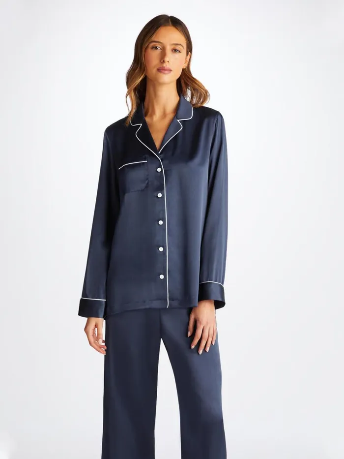 Silk Pajamas Women Derek Rose Pajamas Bailey Silk Satin Navy