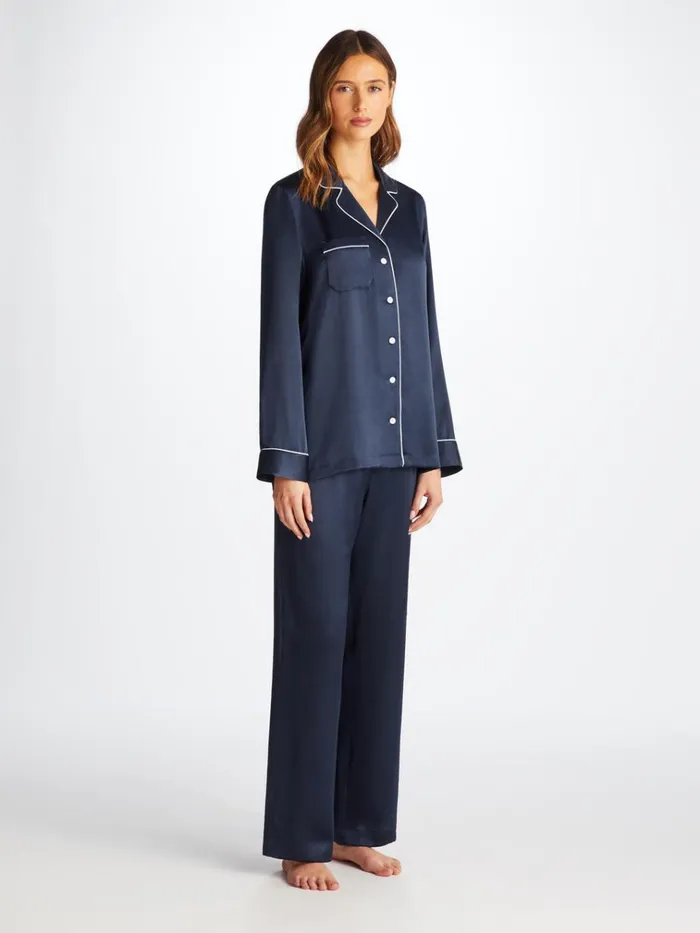 Silk Pajamas Women Derek Rose Pajamas Bailey Silk Satin Navy