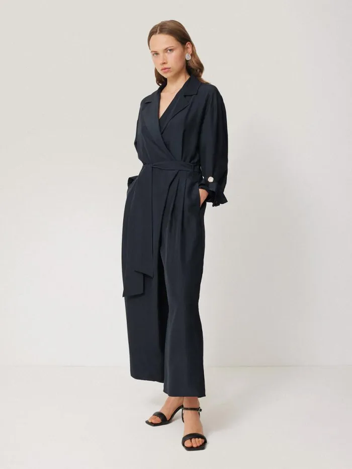 Silk Relaxed Wrap Jumpsuit Navy Women Jigsaw Party