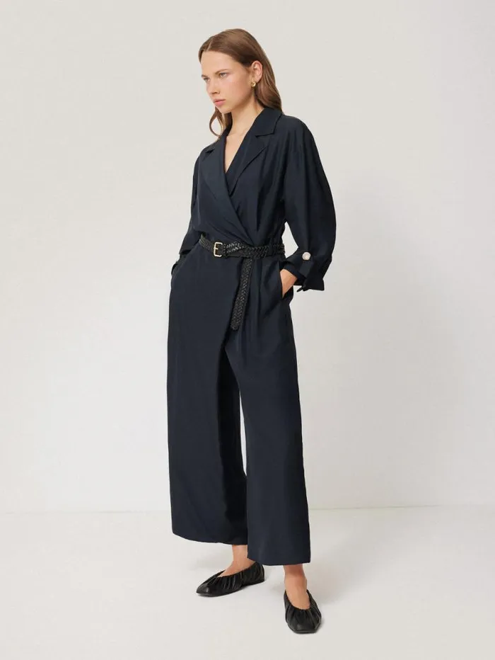 Silk Relaxed Wrap Jumpsuit Navy Women Jigsaw Party