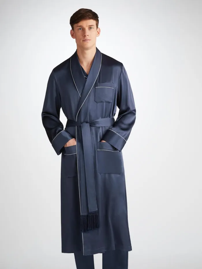Silk Robes Men Derek Rose Robe Bailey Silk Satin Navy