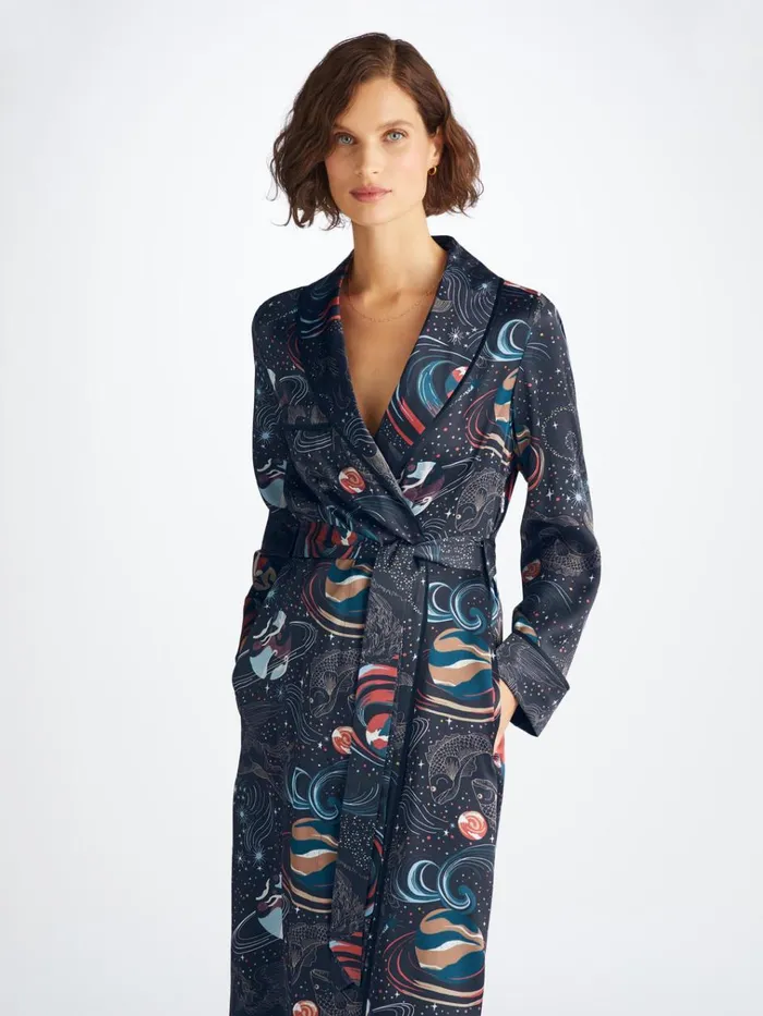 Silk Robes Women Derek Rose Long Robe Brindisi 105 Silk Satin Navy