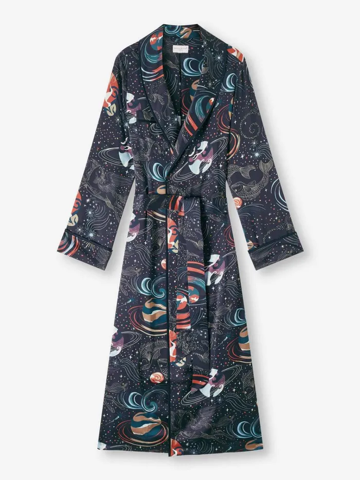 Silk Robes Women Derek Rose Long Robe Brindisi 105 Silk Satin Navy