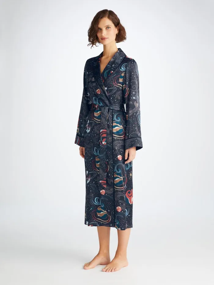 Silk Robes Women Derek Rose Long Robe Brindisi 105 Silk Satin Navy