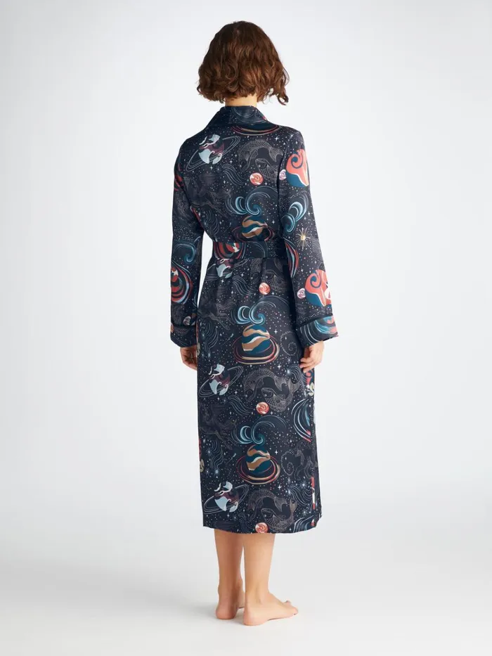 Silk Robes Women Derek Rose Long Robe Brindisi 105 Silk Satin Navy