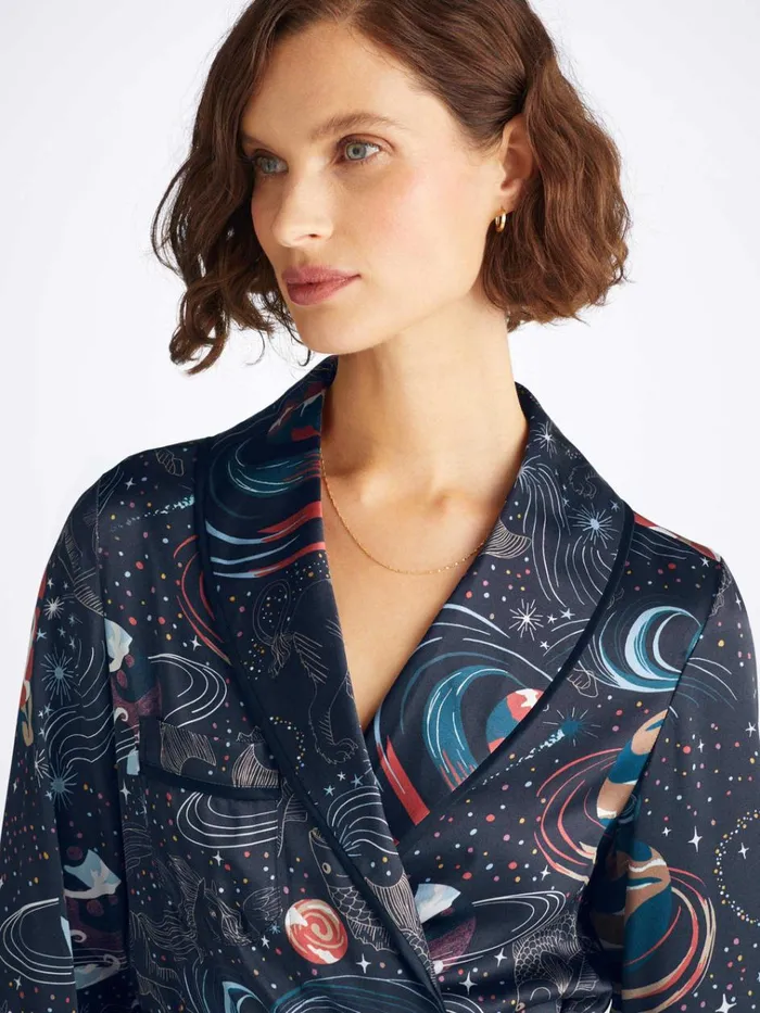 Silk Robes Women Derek Rose Long Robe Brindisi 105 Silk Satin Navy