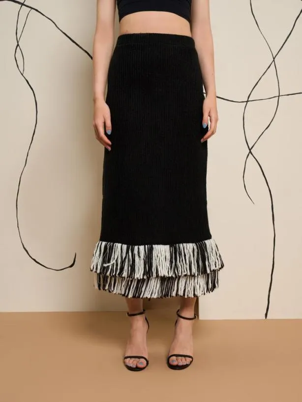 Sister Jane Bottoms Womenswear Ghospell Kendra Fringe Hem Skirt Coal Black