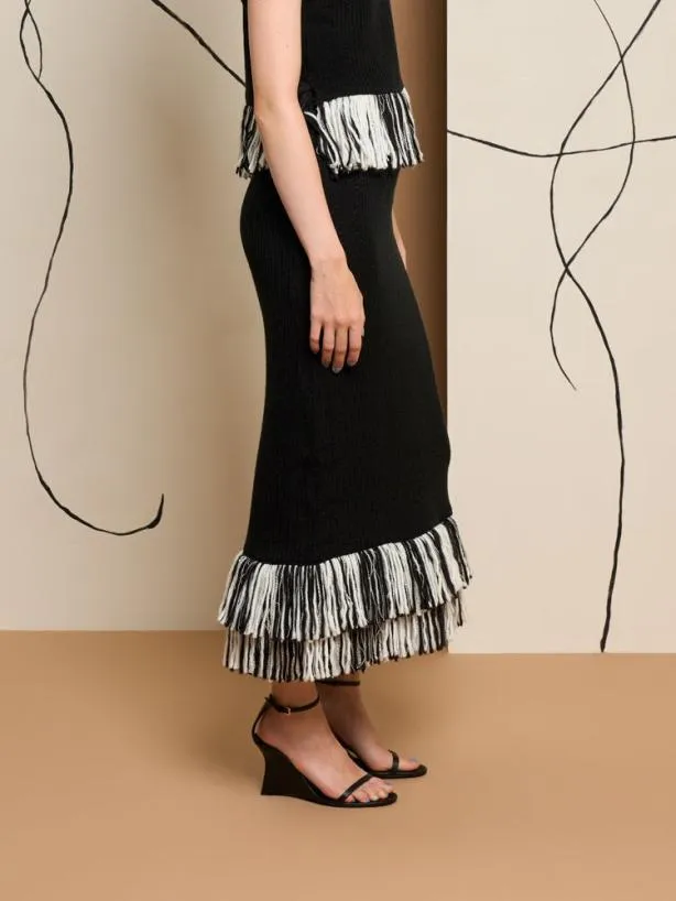 Sister Jane Bottoms Womenswear Ghospell Kendra Fringe Hem Skirt Coal Black