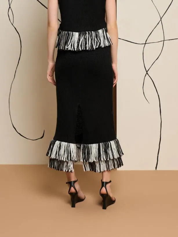 Sister Jane Bottoms Womenswear Ghospell Kendra Fringe Hem Skirt Coal Black