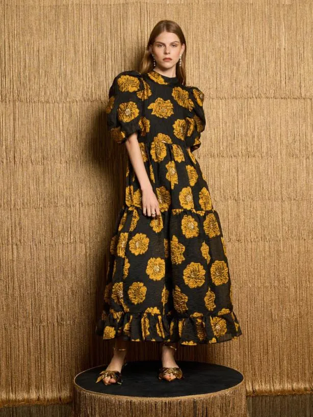 Sister Jane Dresses Womenswear DREAM Aretha Jacquard Midi Dress Golden Yellow Black