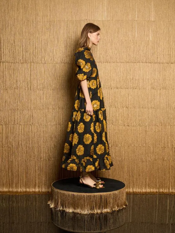 Sister Jane Dresses Womenswear DREAM Aretha Jacquard Midi Dress Golden Yellow Black