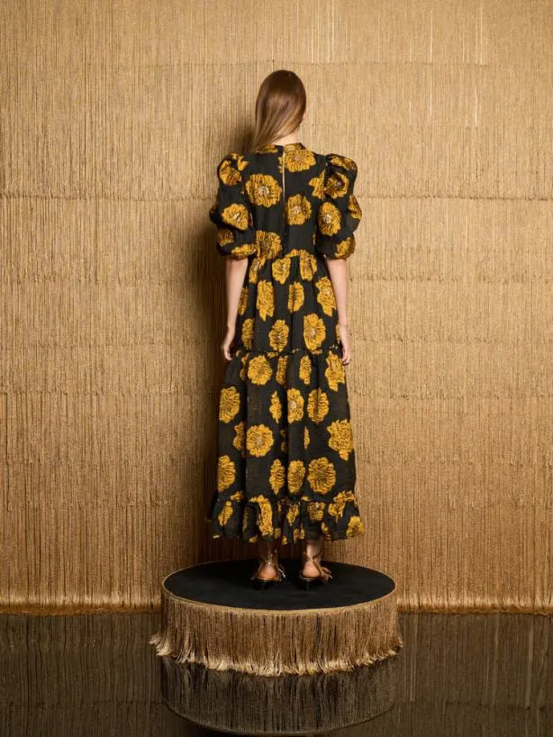 Sister Jane Dresses Womenswear DREAM Aretha Jacquard Midi Dress Golden Yellow Black