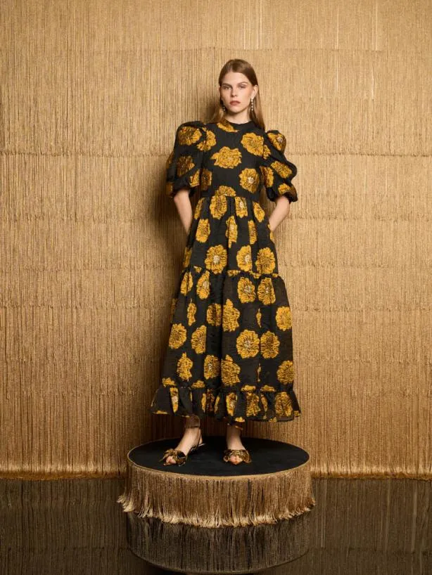 Sister Jane Dresses Womenswear DREAM Aretha Jacquard Midi Dress Golden Yellow Black