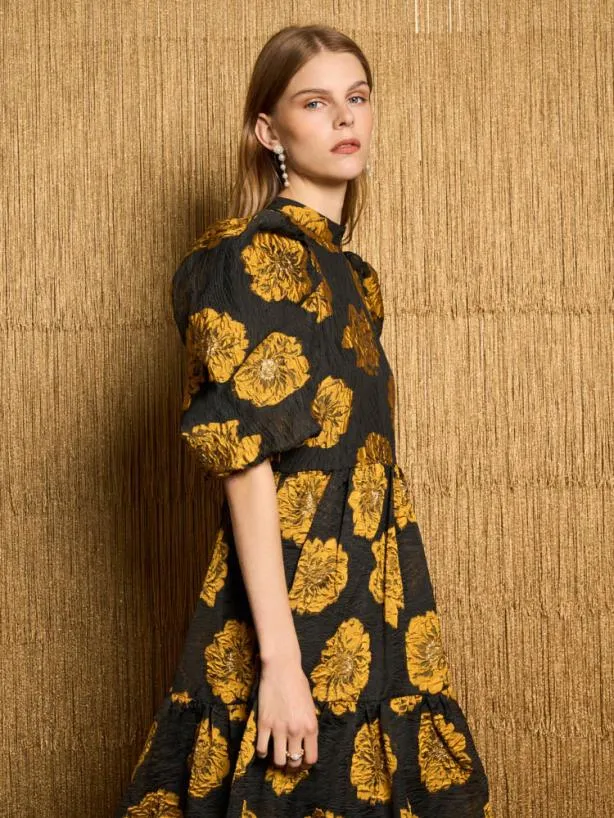 Sister Jane Dresses Womenswear DREAM Aretha Jacquard Midi Dress Golden Yellow Black