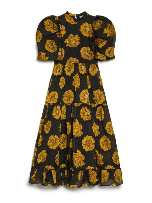 Sister Jane Dresses Womenswear DREAM Aretha Jacquard Midi Dress Golden Yellow Black