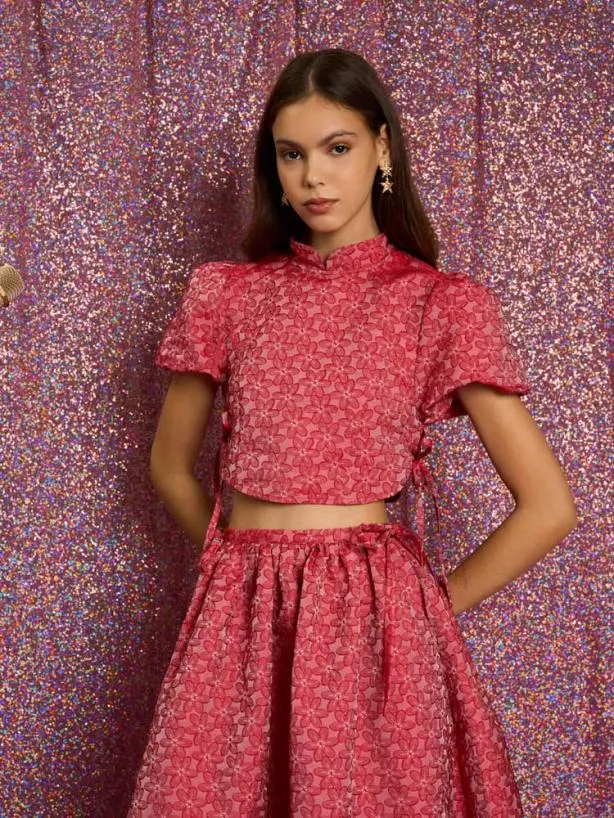 Sister Jane Tops Womenswear Flower Power Jacquard Crop Top Ruby Red