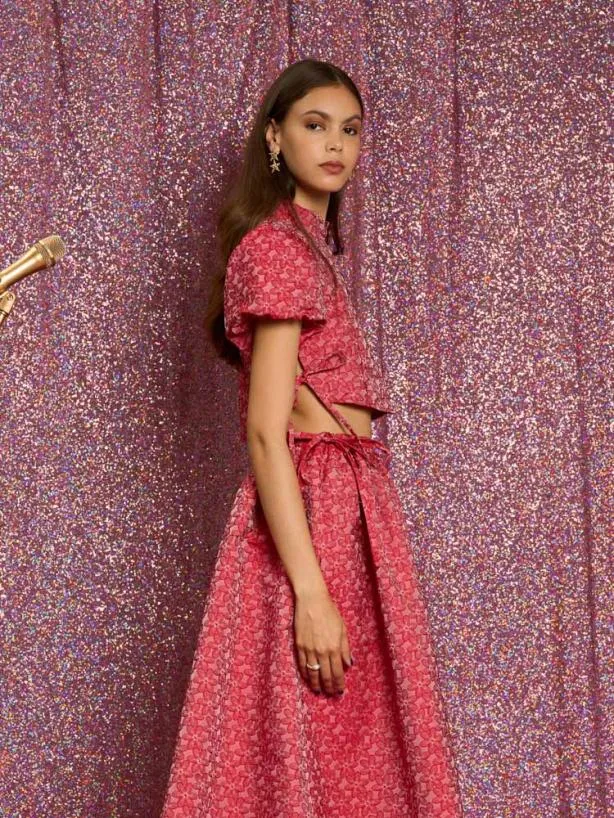 Sister Jane Tops Womenswear Flower Power Jacquard Crop Top Ruby Red