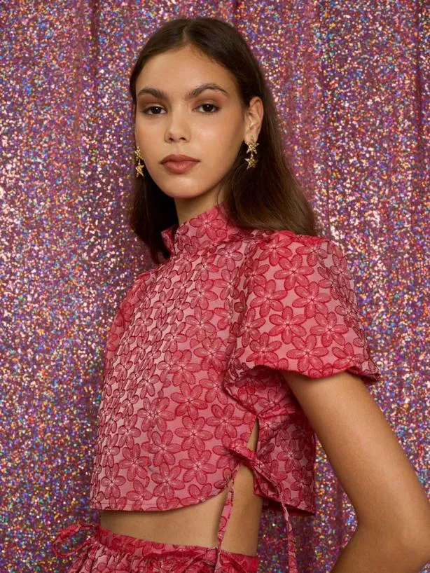Sister Jane Tops Womenswear Flower Power Jacquard Crop Top Ruby Red