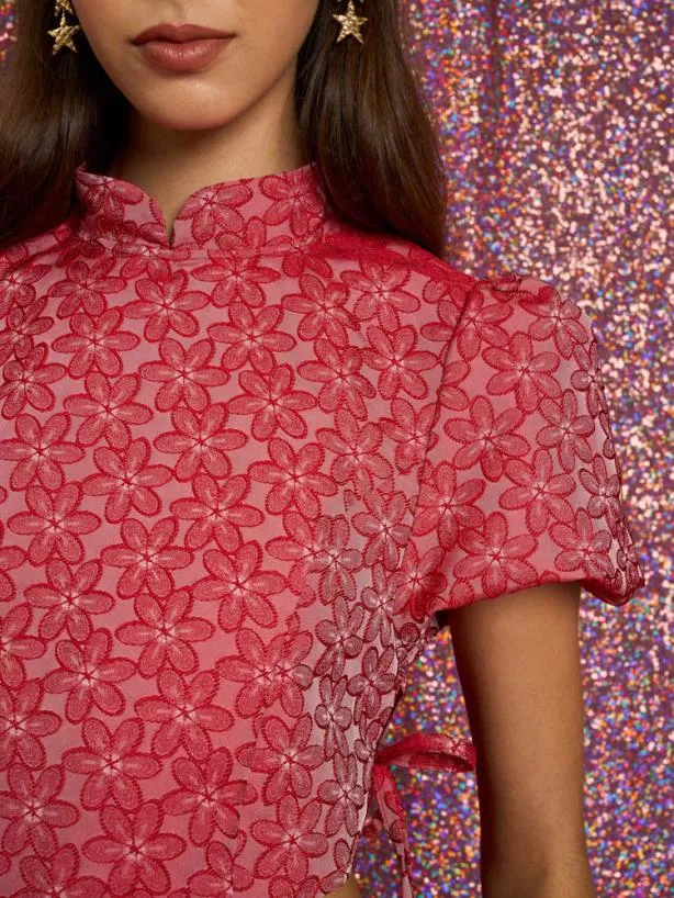 Sister Jane Tops Womenswear Flower Power Jacquard Crop Top Ruby Red
