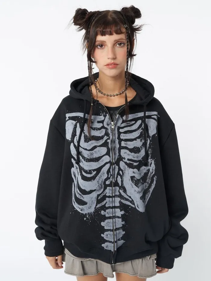 Skeleton Black Oversized Zip Up Hoodie Women Minga London Sweatshirts and Hoodies
