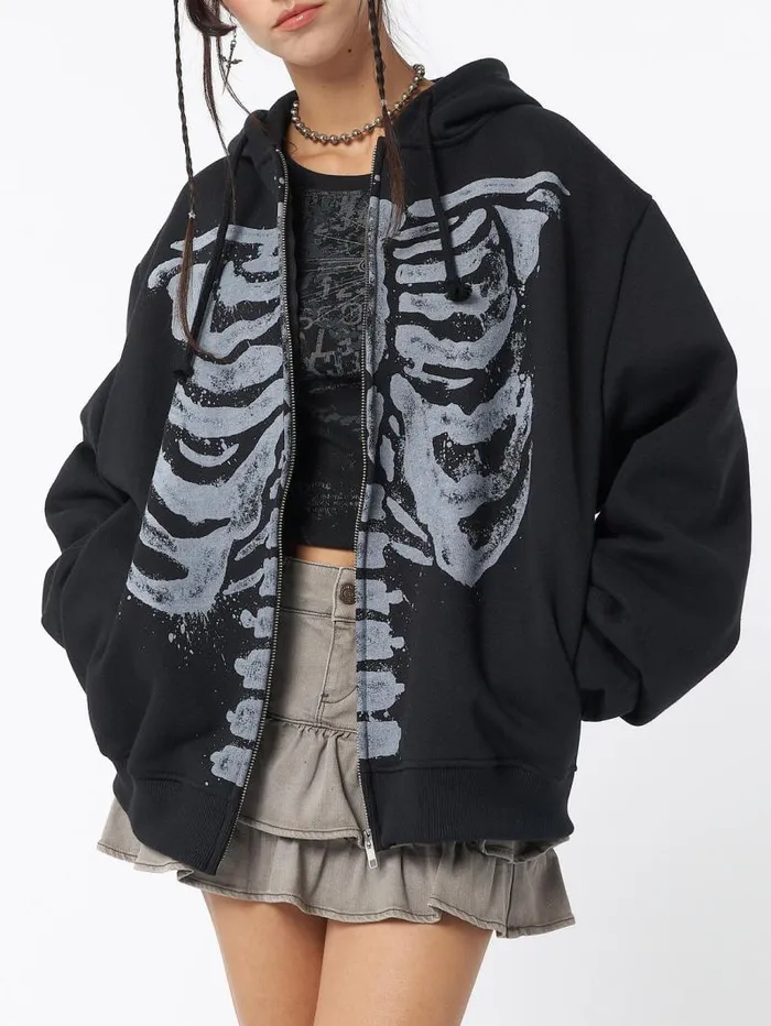 Skeleton Black Oversized Zip Up Hoodie Women Minga London Sweatshirts and Hoodies