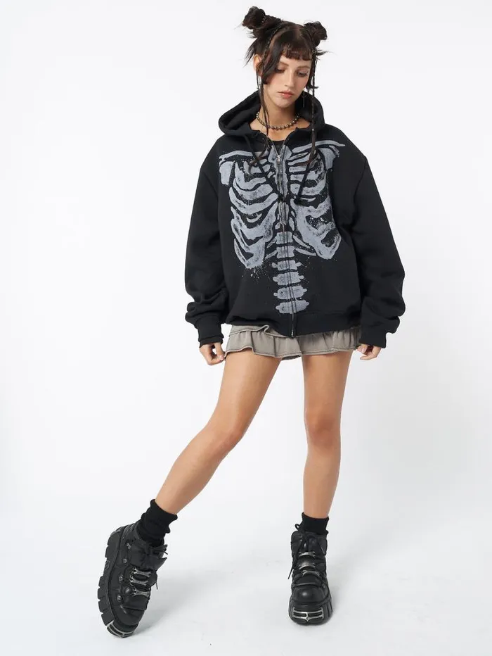 Skeleton Black Oversized Zip Up Hoodie Women Minga London Sweatshirts and Hoodies