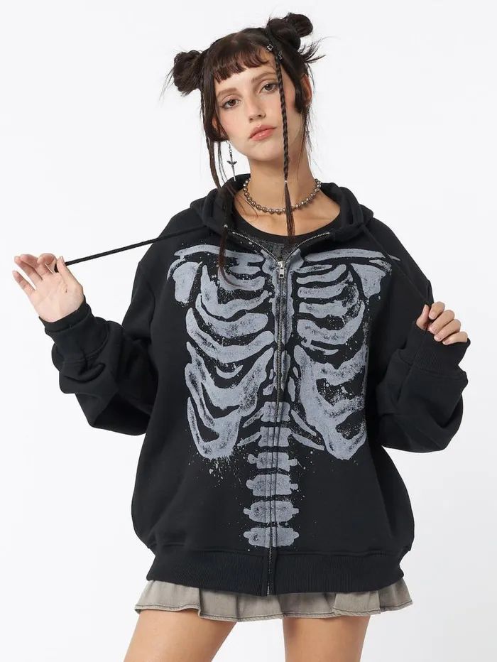 Skeleton Black Oversized Zip Up Hoodie Women Minga London Sweatshirts and Hoodies