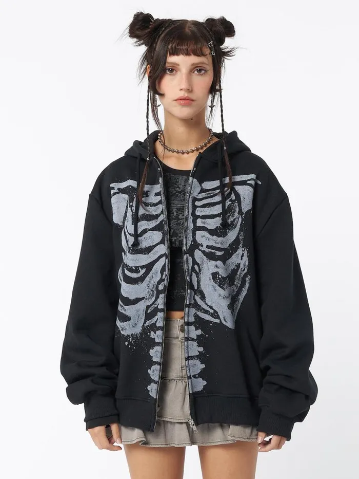 Skeleton Black Oversized Zip Up Hoodie Women Minga London Sweatshirts and Hoodies