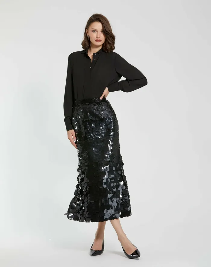 Skirts Mac Duggal Women Paillette Sequin Midi Skirt Black