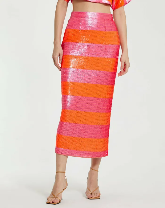 Skirts Women Mac Duggal Classic Sequin Striped Midi Pencil Skirt 8211 FINAL SALE Hot Pink Multi