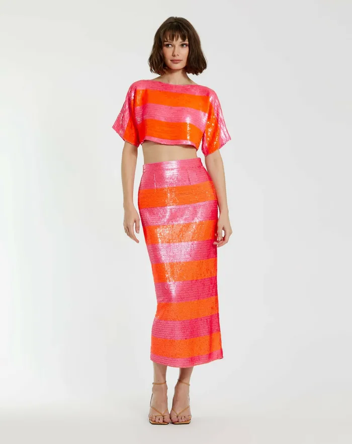 Skirts Women Mac Duggal Classic Sequin Striped Midi Pencil Skirt 8211 FINAL SALE Hot Pink Multi