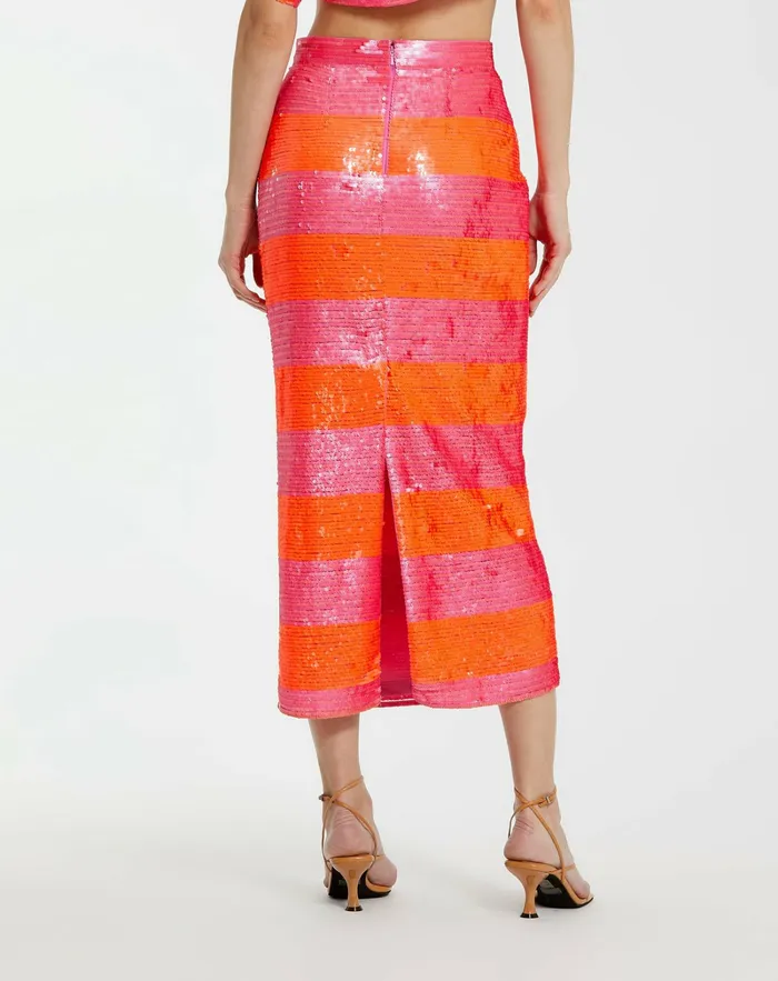 Skirts Women Mac Duggal Classic Sequin Striped Midi Pencil Skirt 8211 FINAL SALE Hot Pink Multi