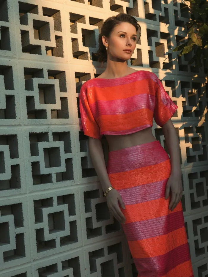 Skirts Women Mac Duggal Classic Sequin Striped Midi Pencil Skirt 8211 FINAL SALE Hot Pink Multi