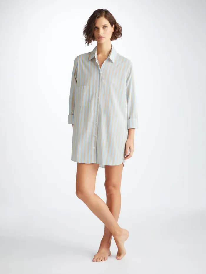Sleep Shirts Women Derek Rose Nightshirt Amalfi 20 Cotton Batiste Blue