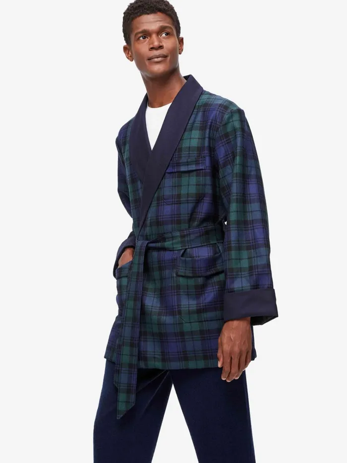 Smoking Jackets Men Derek Rose Smoking Jacket Tartan Wool Black Watch Navy